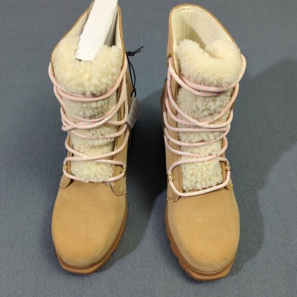 Sorel Booties Women's 7 Tawny Buff Gum 2 Joan of Arctic Wedge III Lace Cozy NWT - Picture 5 of 12